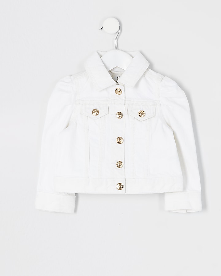 Mini girls white puff sleeve denim jacket