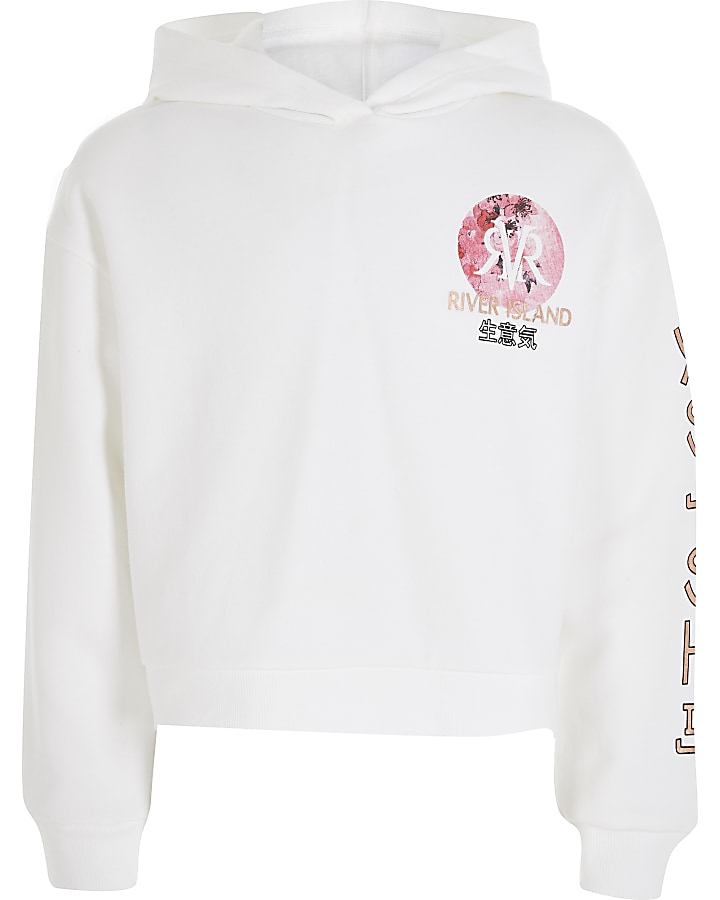 Girls white oriental floral print hoodie