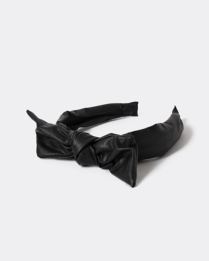 Girls black faux leather twist knot headband
