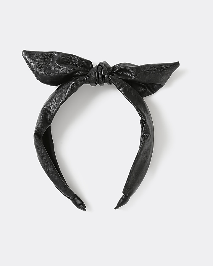 Girls black faux leather twist knot headband