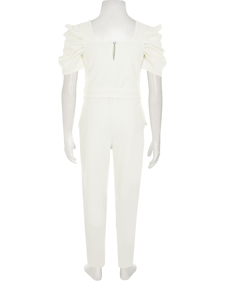 Girls white puff sleeve belted jumpsuit
