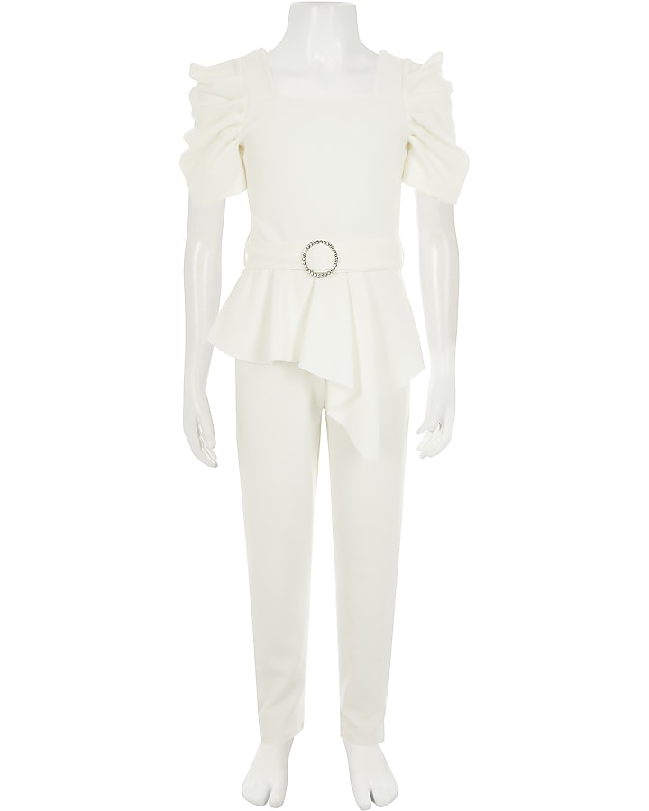 Girls white puff sleeve belted jumpsuit