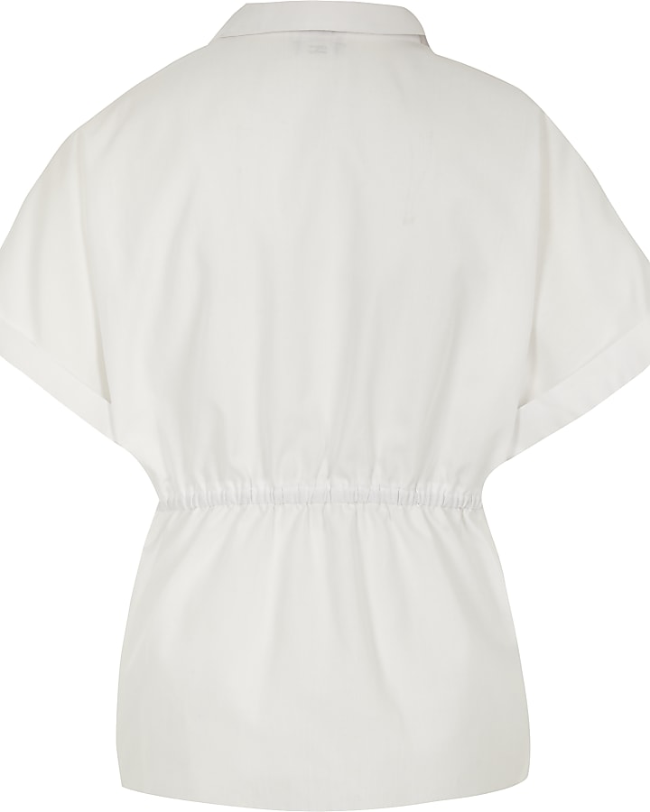 Girls white cinched waist poplin shirt