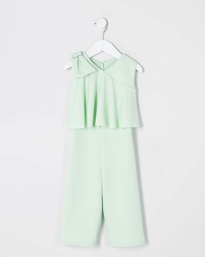 Mini girls green bow shoulder jumpsuit