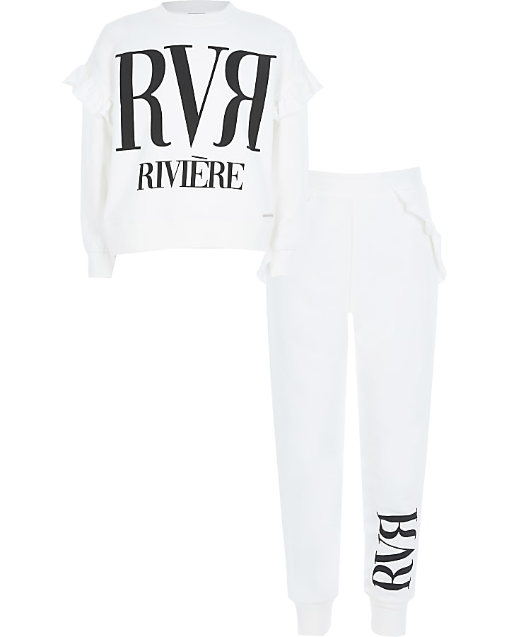 Girls cream RVR print frill sweatshirt outfit