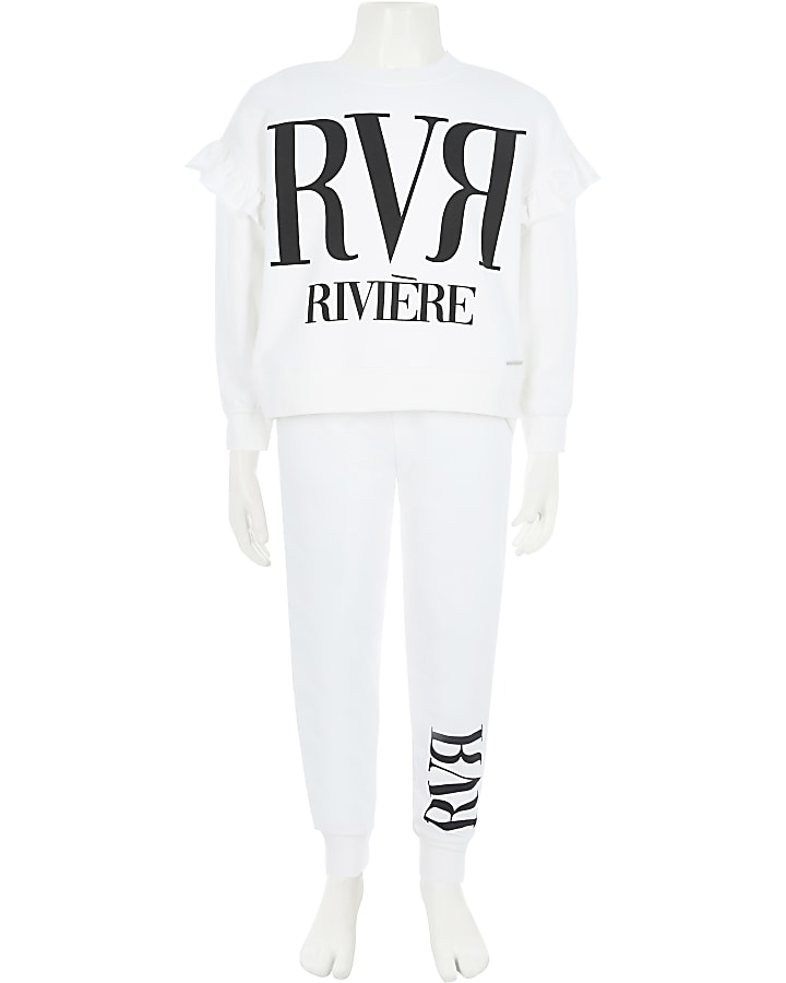 Girls cream RVR print frill sweatshirt outfit