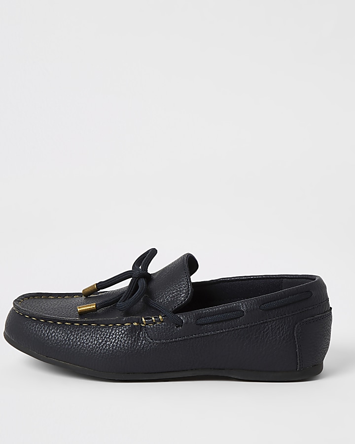 Boys navy faux leather driver shoes