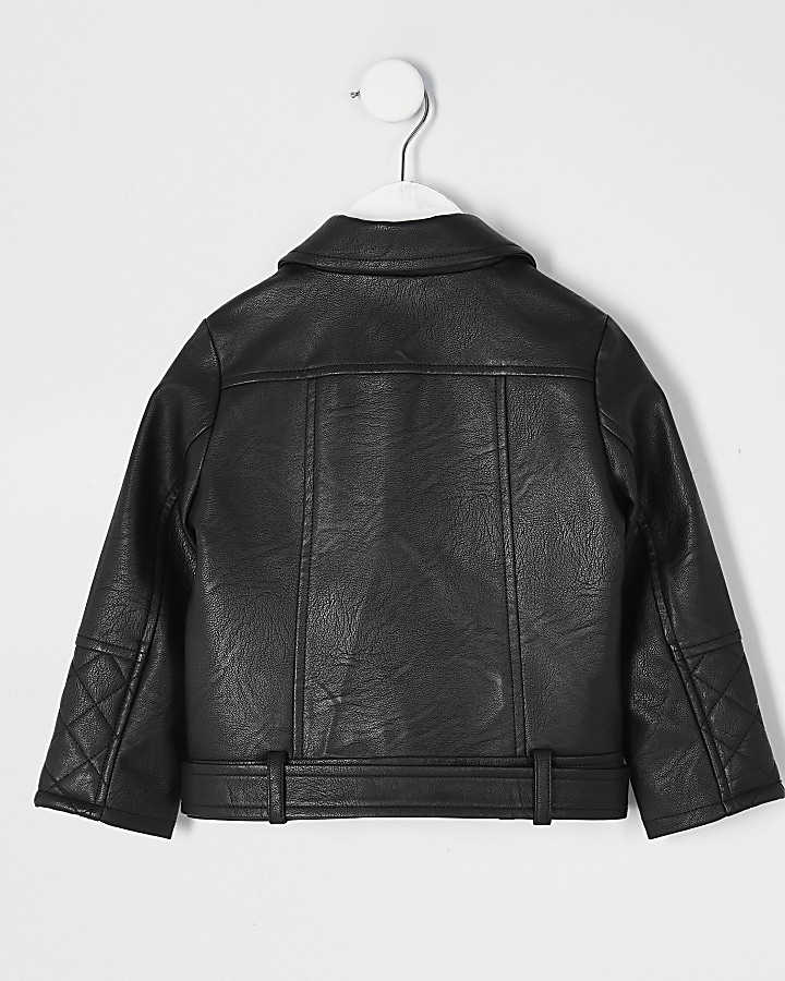 Mini girls faux leather belted biker jacket