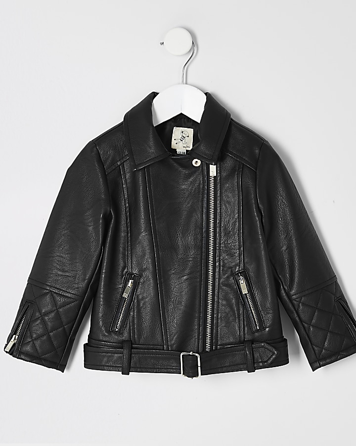 Mini girls faux leather belted biker jacket
