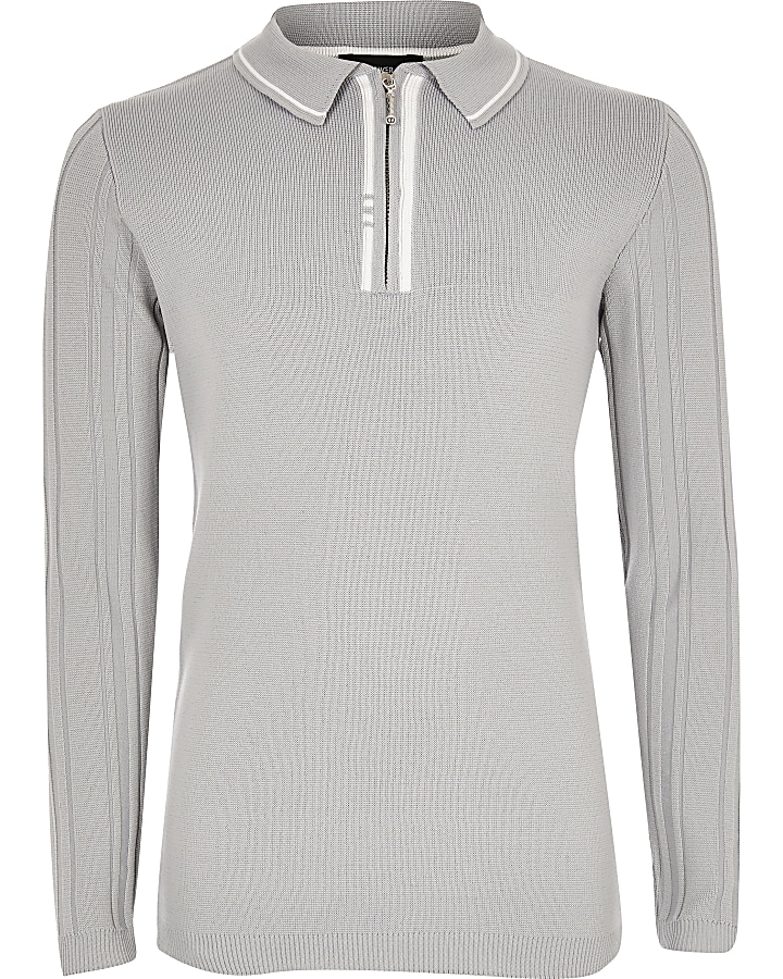 Boys grey ribbed half zip knitted polo shirt