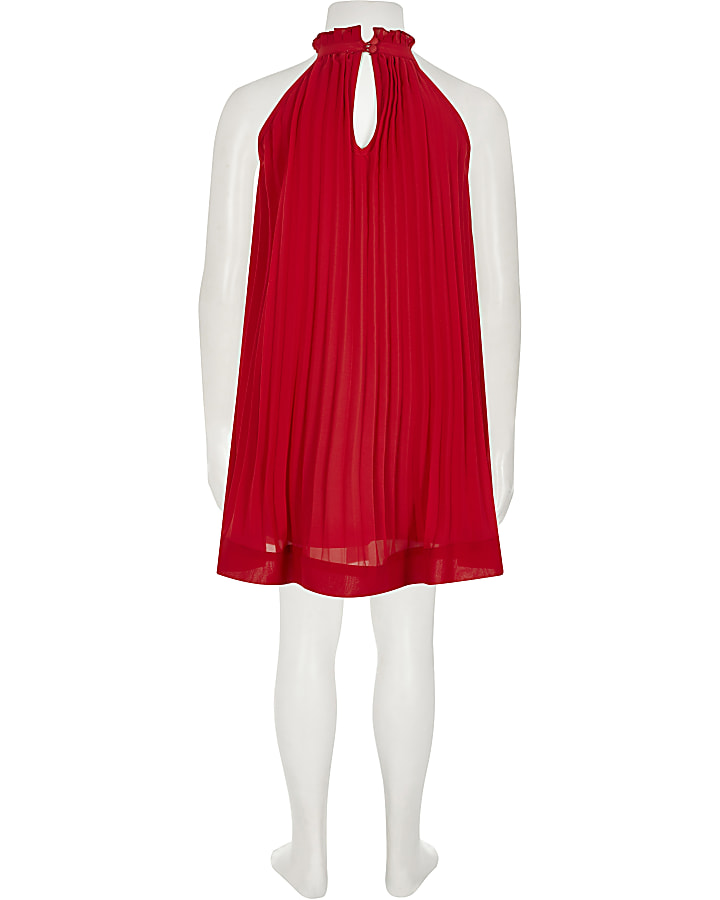 Girls red pleated diamante trapeze dress