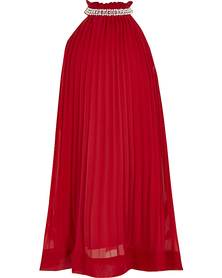 Girls red pleated diamante trapeze dress