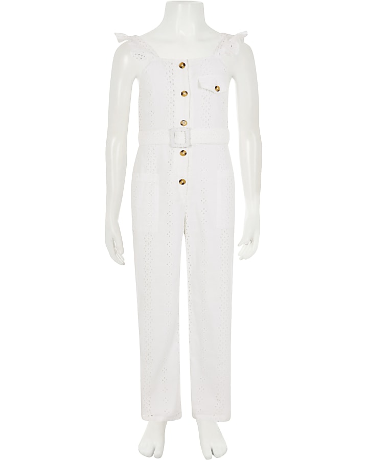 Girls white broderie belted frill jumpsuit