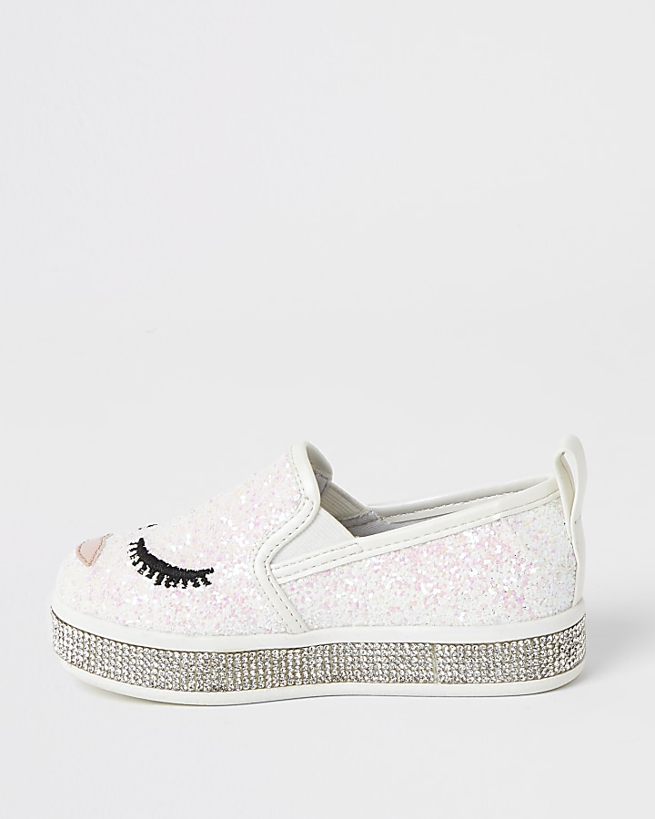 Mini girls white glitter face embellish shoes