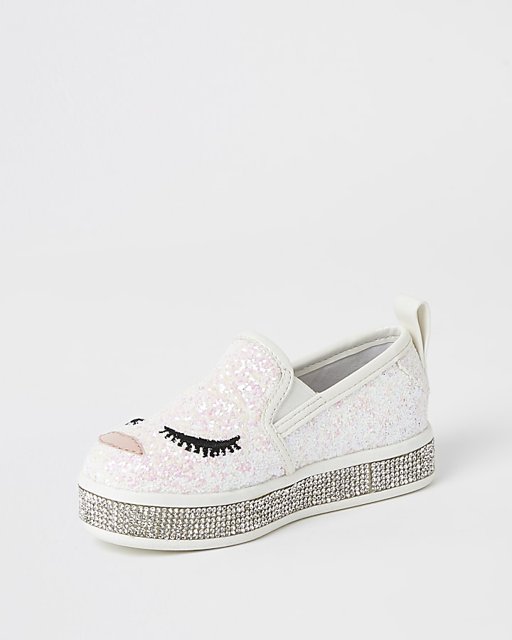 Mini girls white glitter face embellish shoes