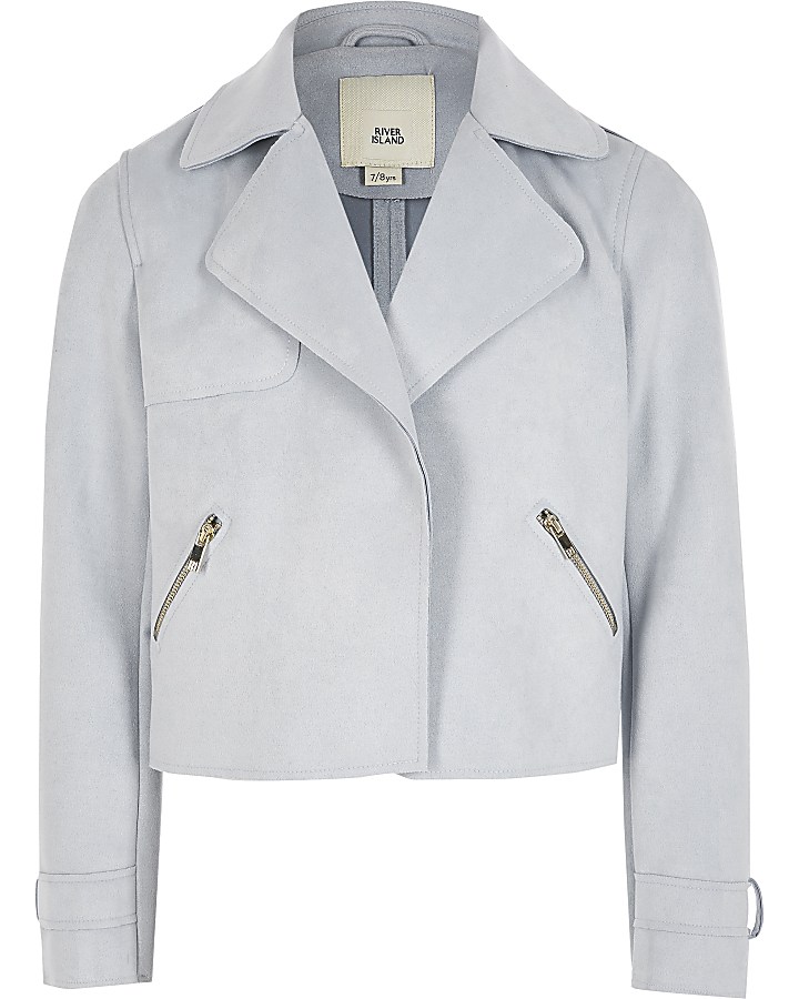 Girls blue suedette cropped trench jacket