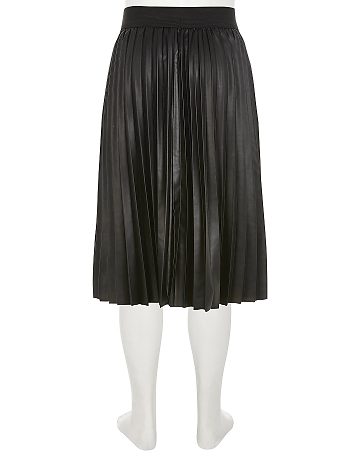 Girls black faux leather pleated midi skirt