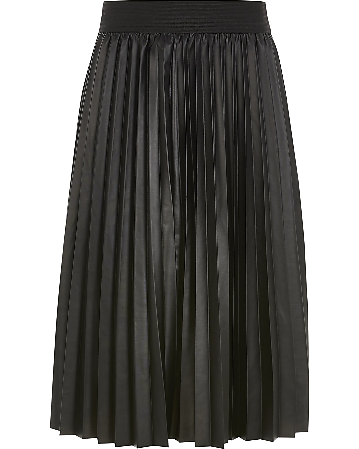 Girls black faux leather pleated midi skirt