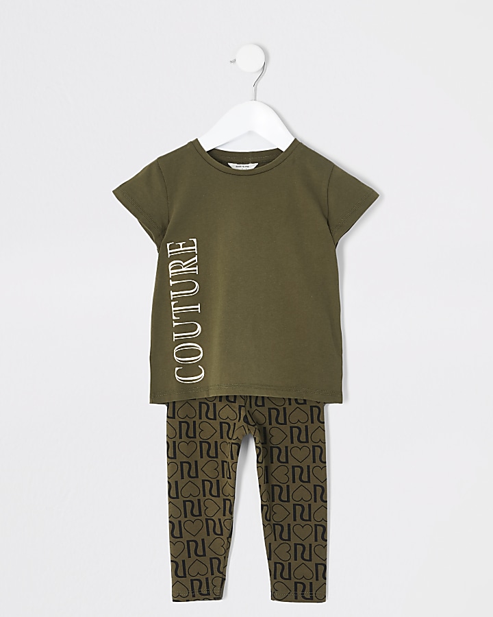 Mini girls khaki 'Couture' T-shirt outfit