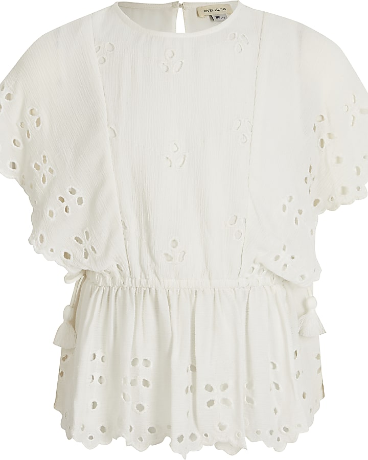 Girls white broderie cinched waist top