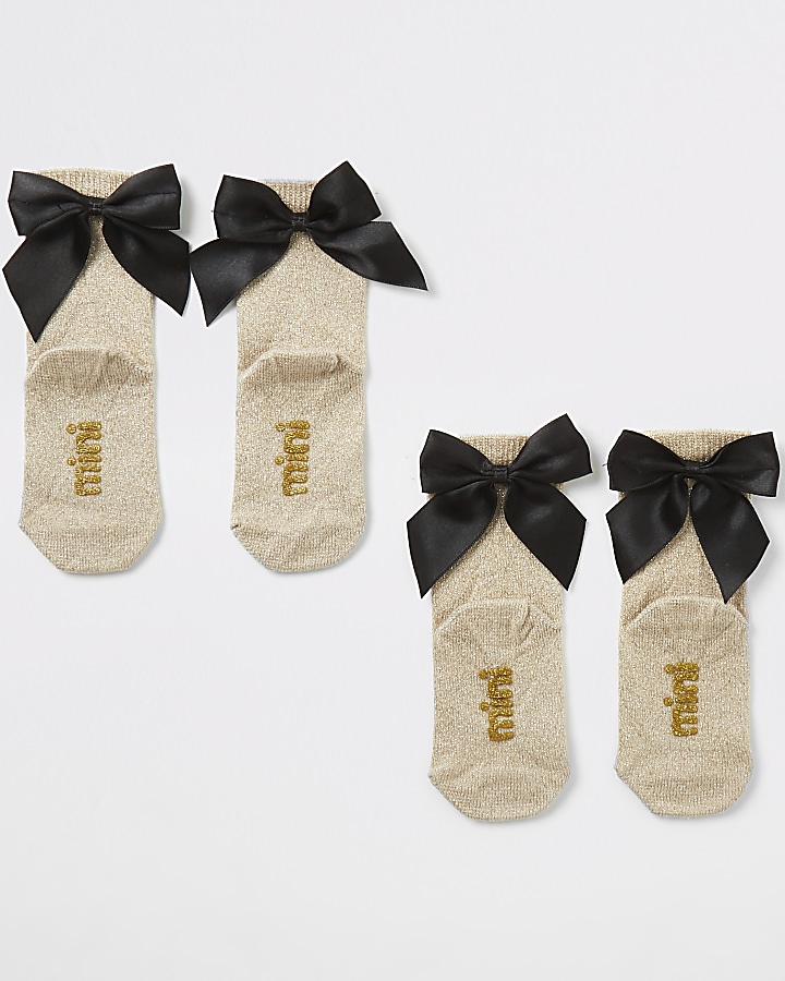 Mini girls gold glitter bow socks 2 pack