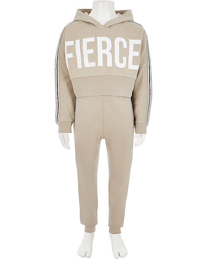 Girls beige 'fierce' crop sweatshirt outfit