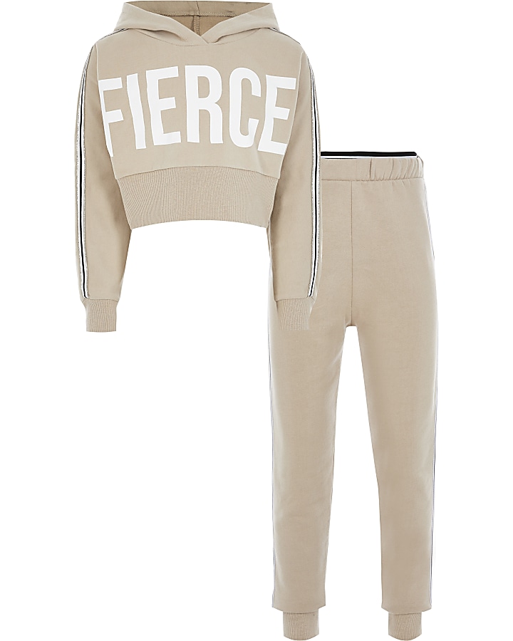 Girls beige 'fierce' crop sweatshirt outfit