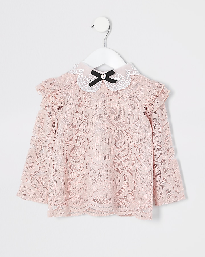 Mini girls pink lace embellished collar top