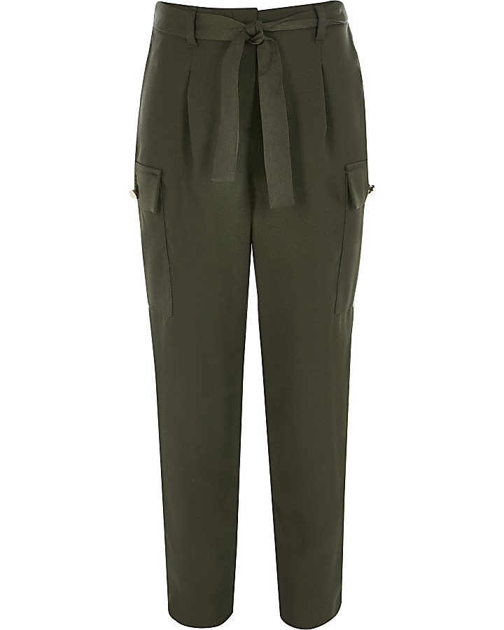 Girls khaki utility tie belted trousers