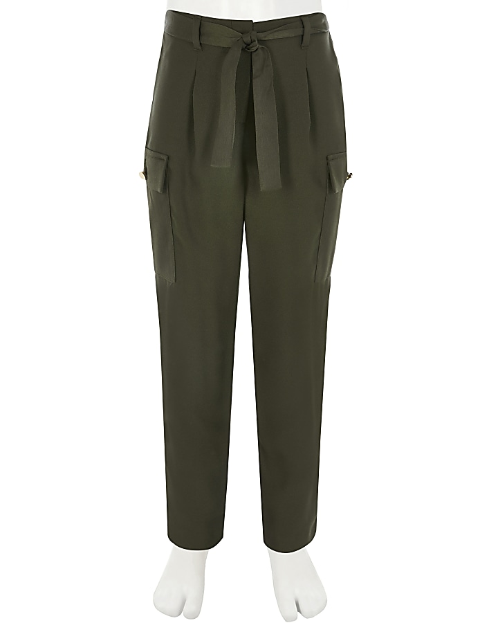 Girls khaki utility tie belted trousers