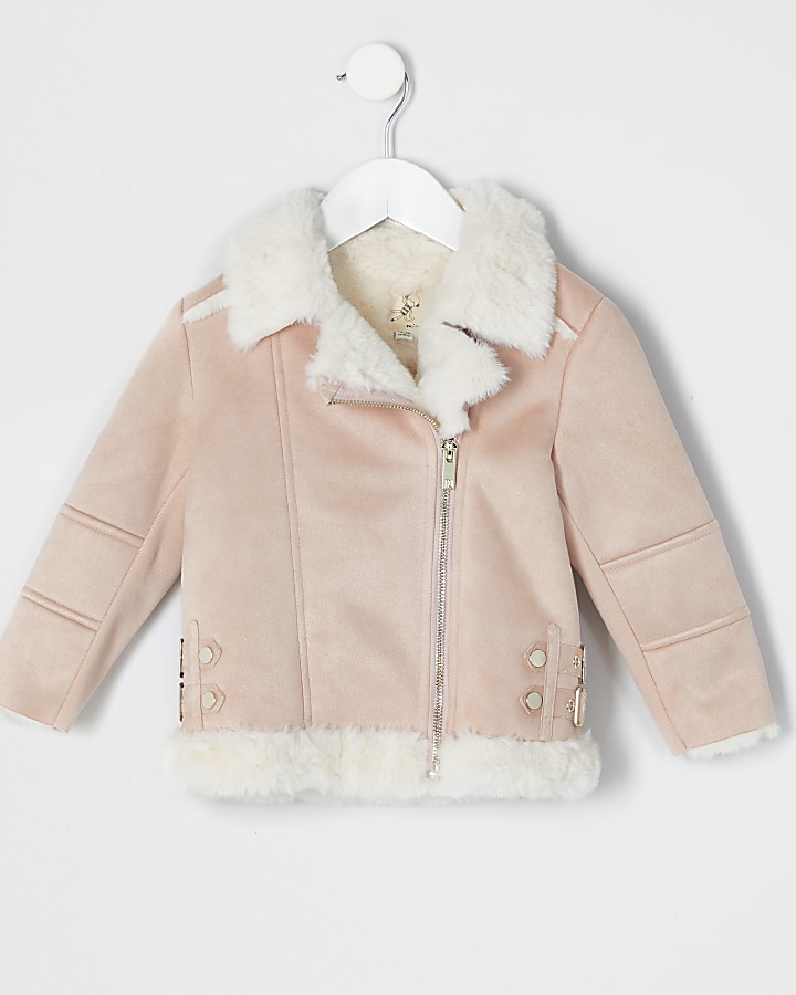 Mini girls pink suedette aviator jacket