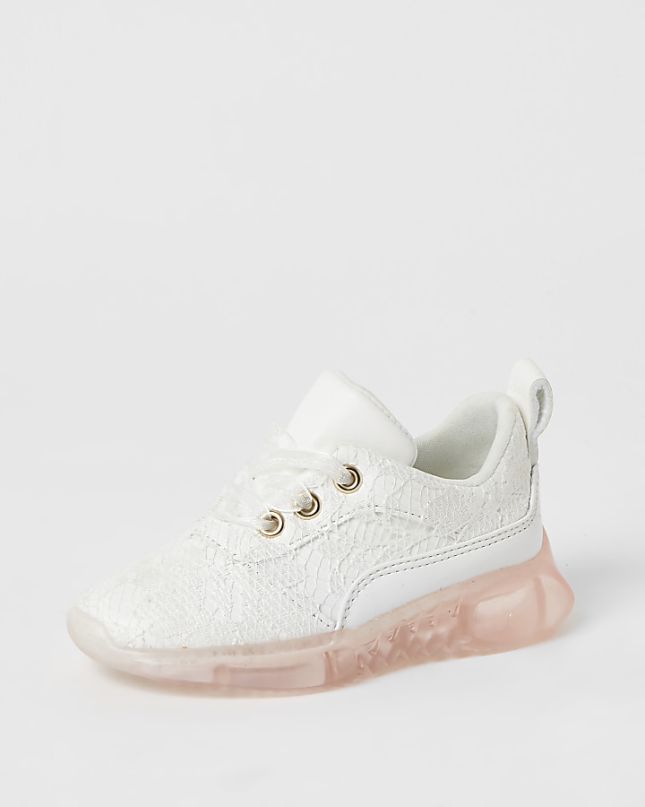 Mini girls white lace contrast sole trainers