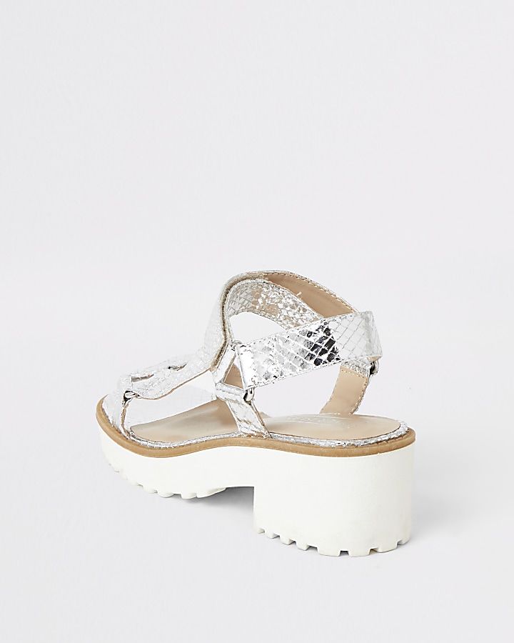 Girls silver metallic chunky heeled sandals