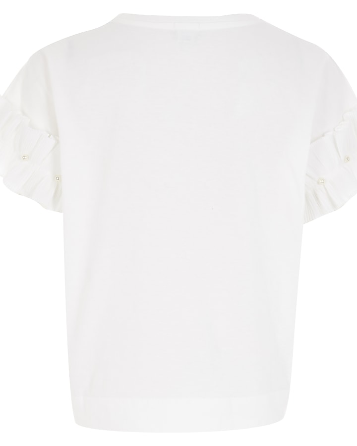 Girls white 'Paris' ruffle sleeve T-shirt
