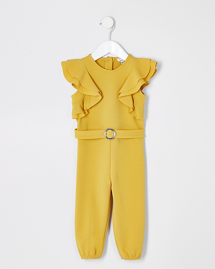 Mini girls yellow belted ruffle jumpsuit