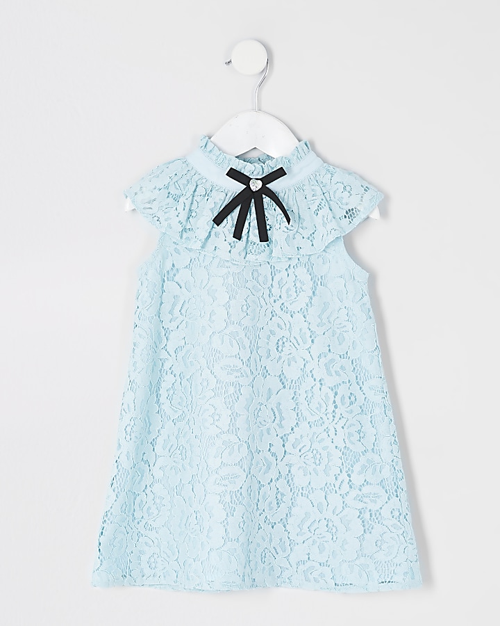 Mini girls blue lace bow collar shift dress