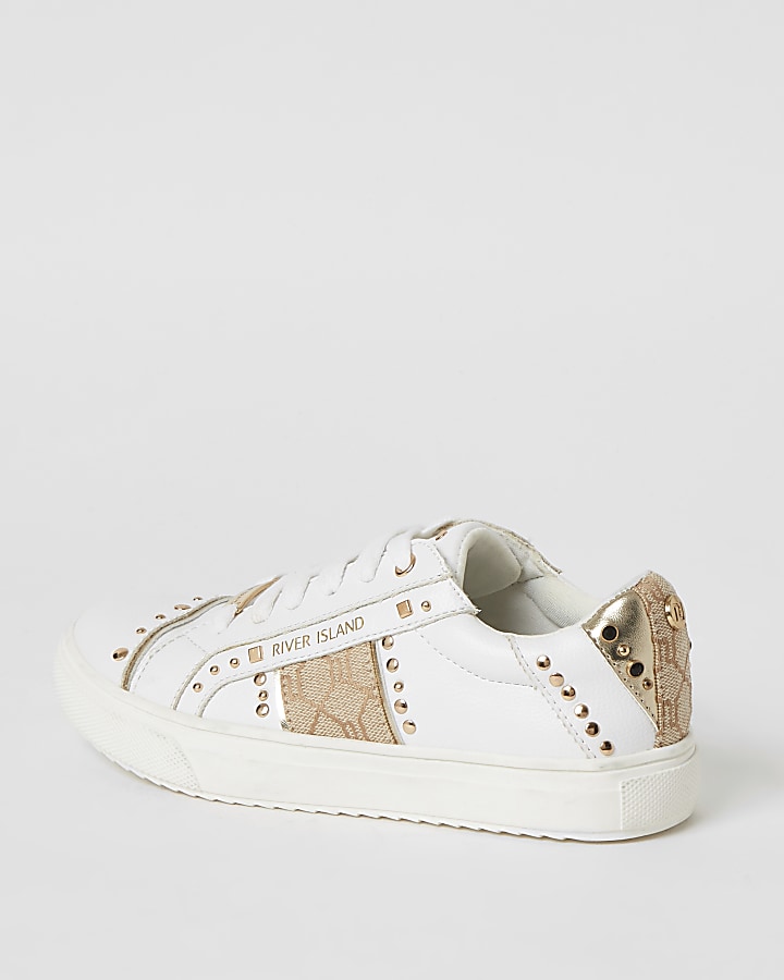 Girls white RI tape side studded trainers