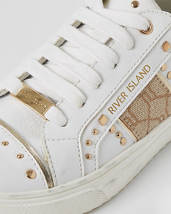 Girls white RI tape side studded trainers