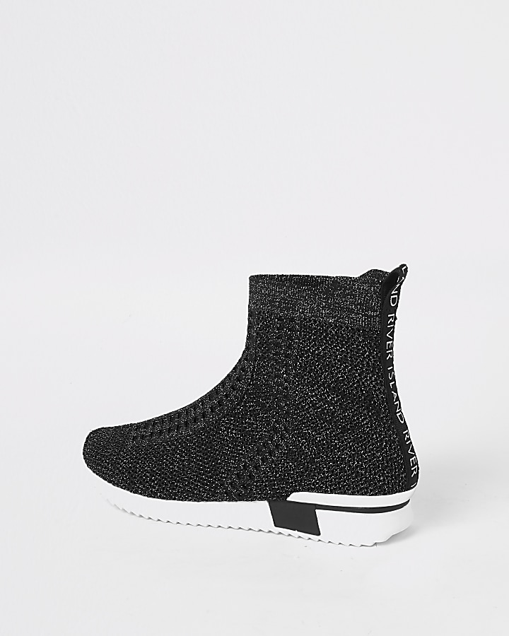 Girls black glitter high top knitted trainers