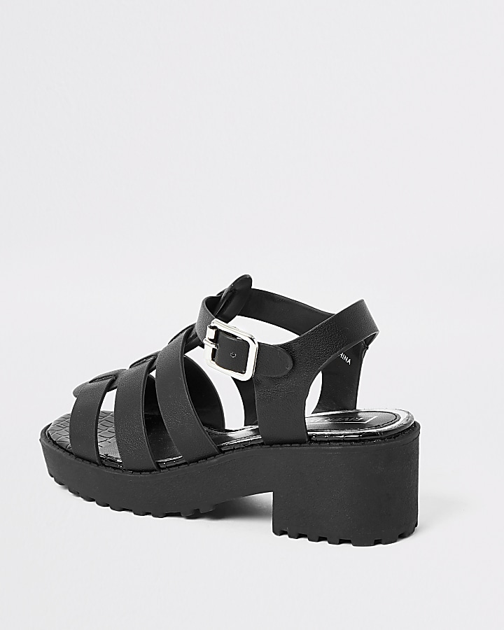Girls black gladiator chunky heeled sandals