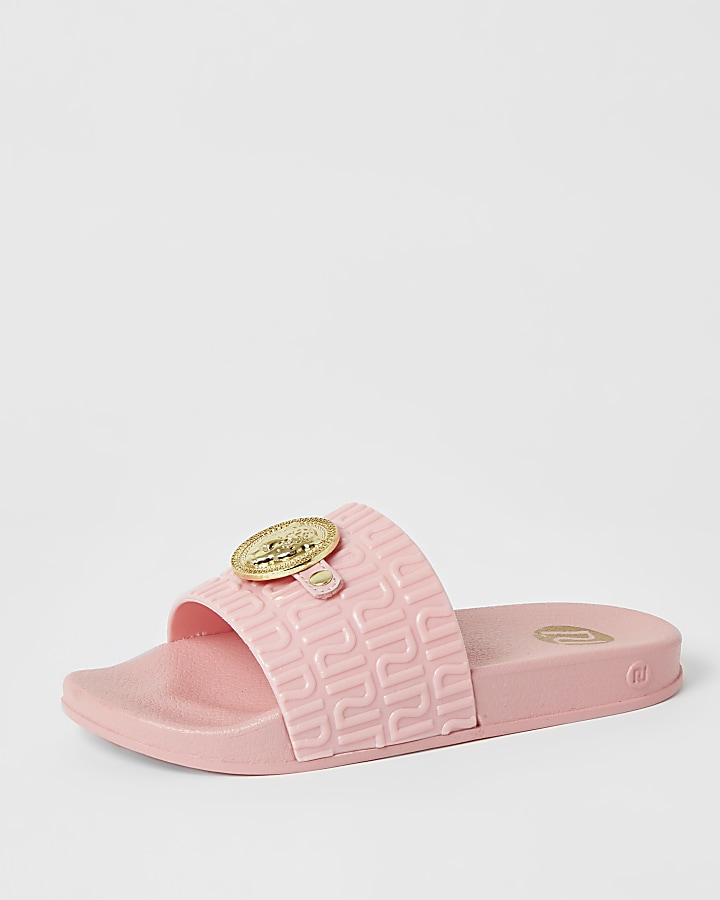 Girls coral panther head RI jelly sliders