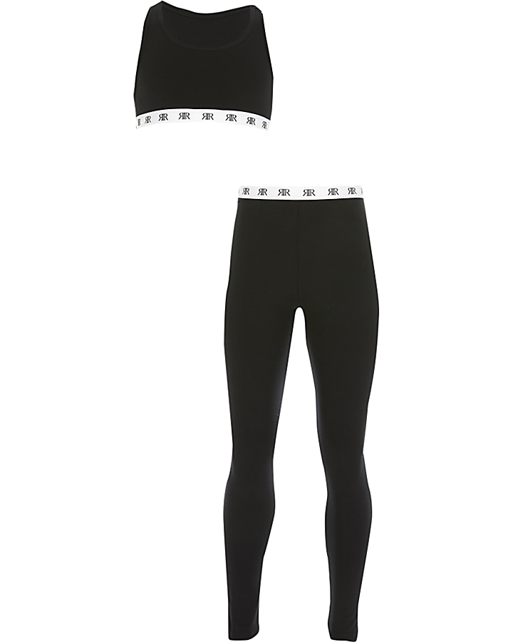 Girls black crop top loungewear set