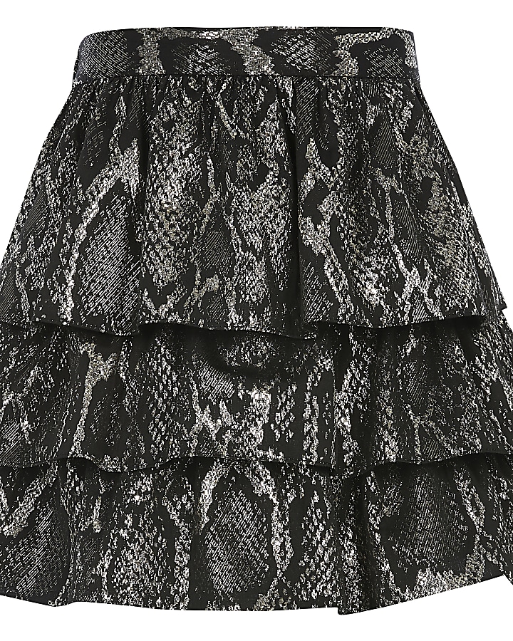 Girls black snake printed frill skirt