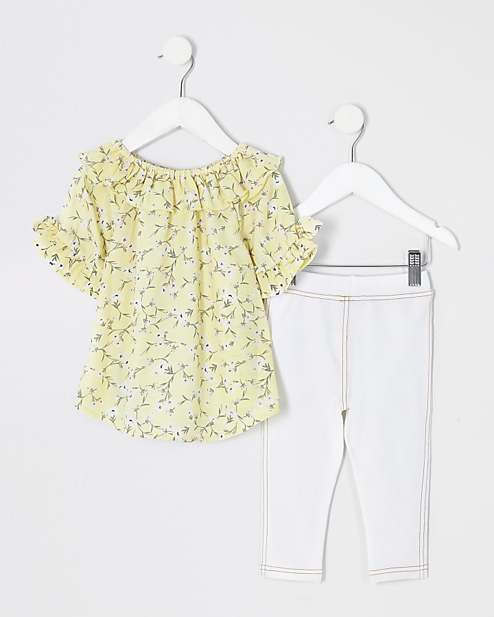 Mini girls yellow floral frill blouse outfit