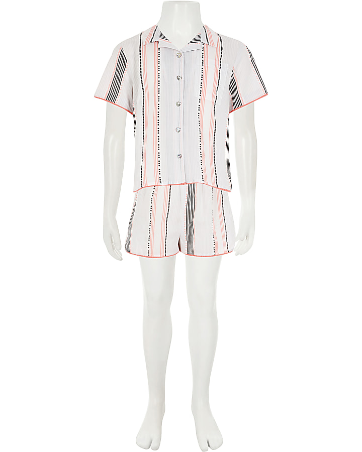 Girls white stripe shorts pyjama set