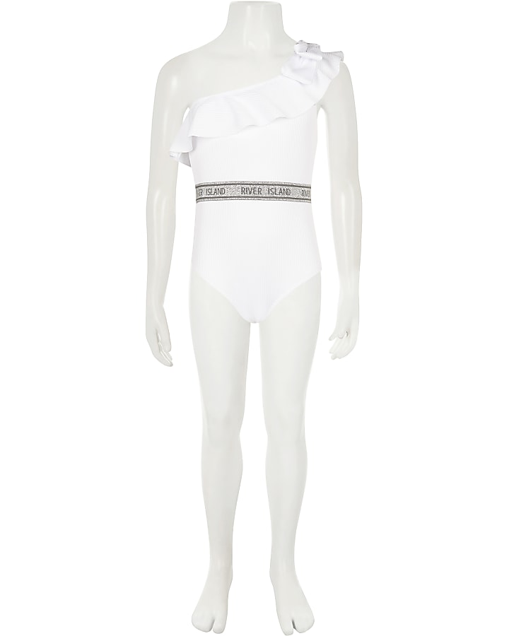Girls white ribbed bow asymmetric swimsuit