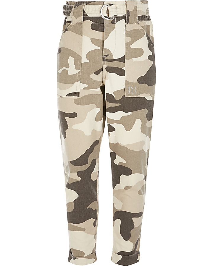 Girls beige camo paperbag trousers