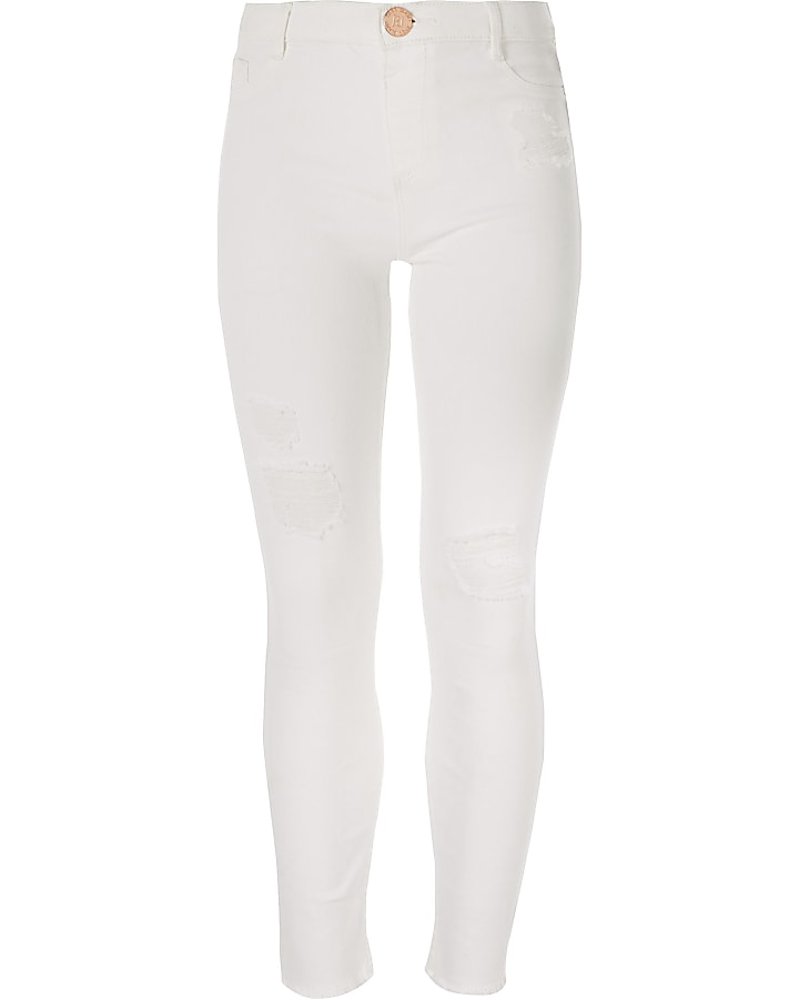 Girls white ripped Molly mid rise jegging