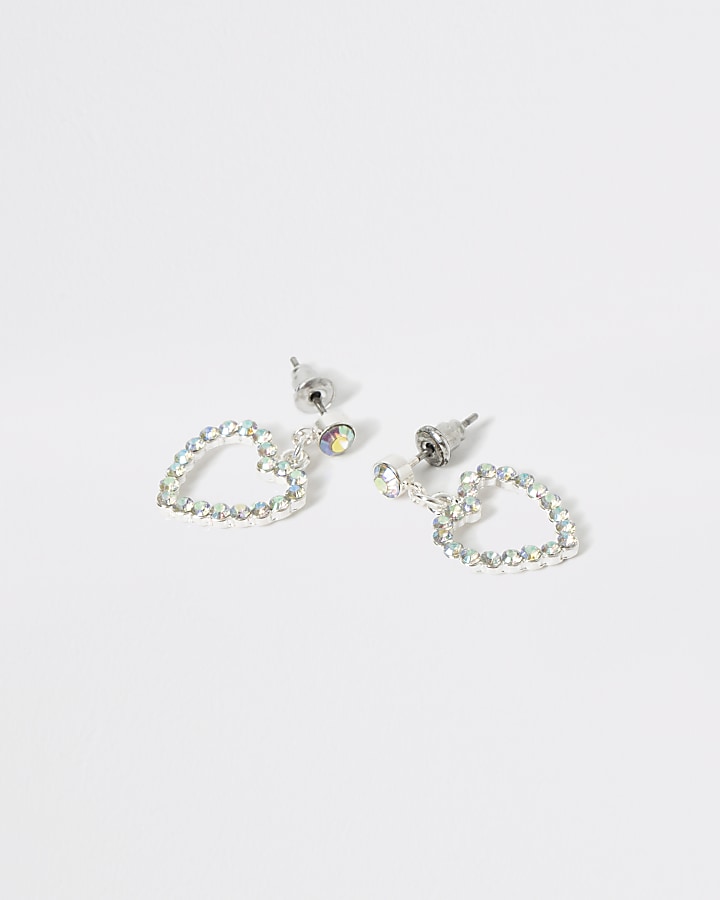 Girls silver colour diamante heart earrings