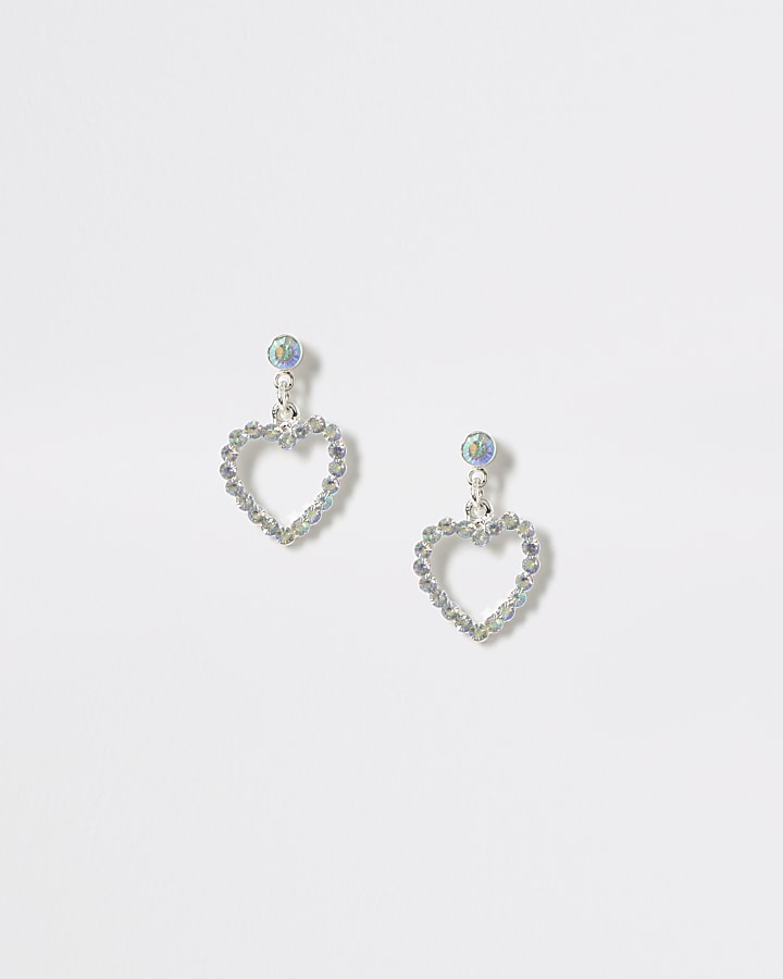 Girls silver colour diamante heart earrings